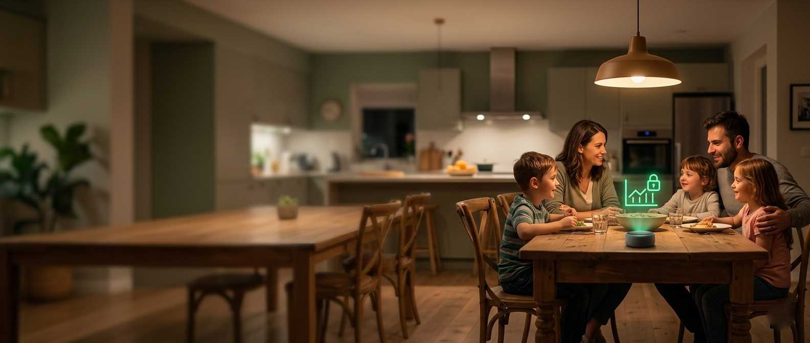 famiglia felice in cucina illuminata