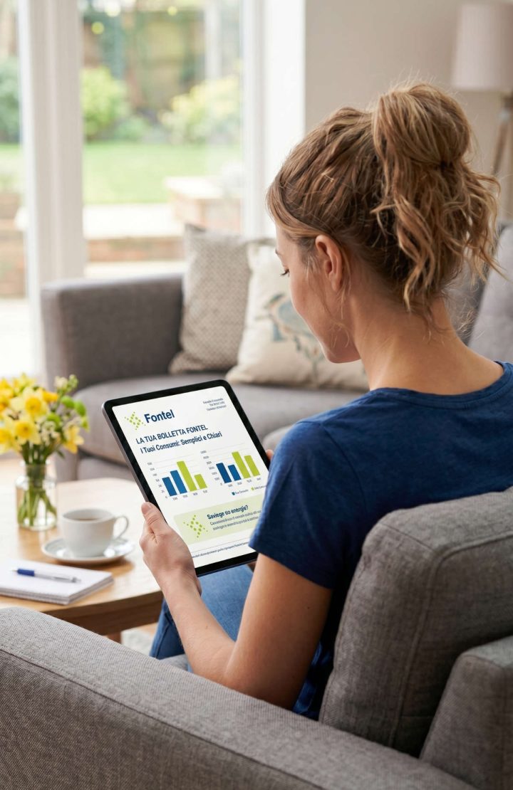 Donna che legge la bolletta fontel digitale sul suo tablet