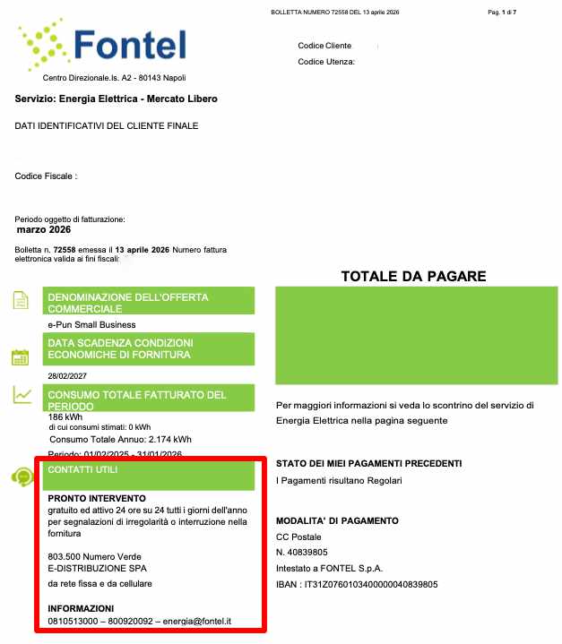 Bolletta fontel dove è indicato con un riquadro rosso dove trovare i numeri di emergenza pronto intervento