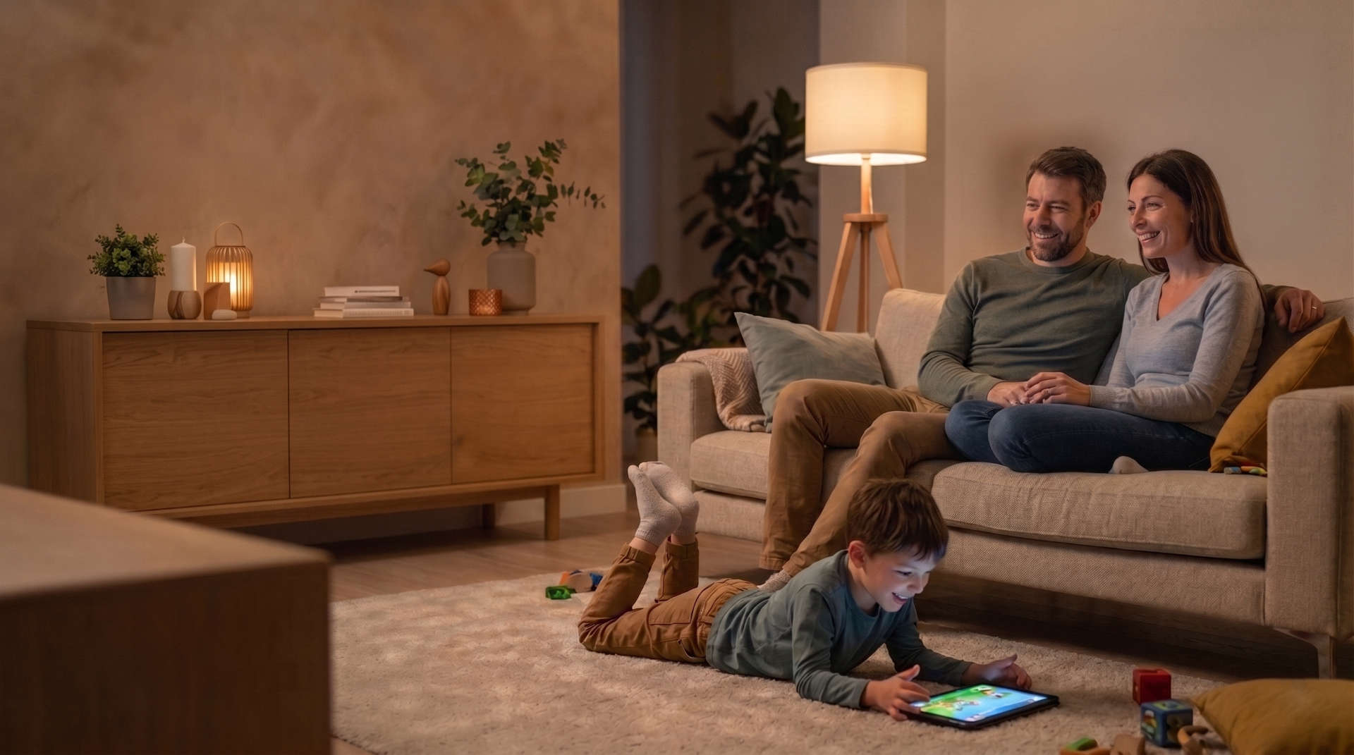 famiglia felice sul divano che vede la tv