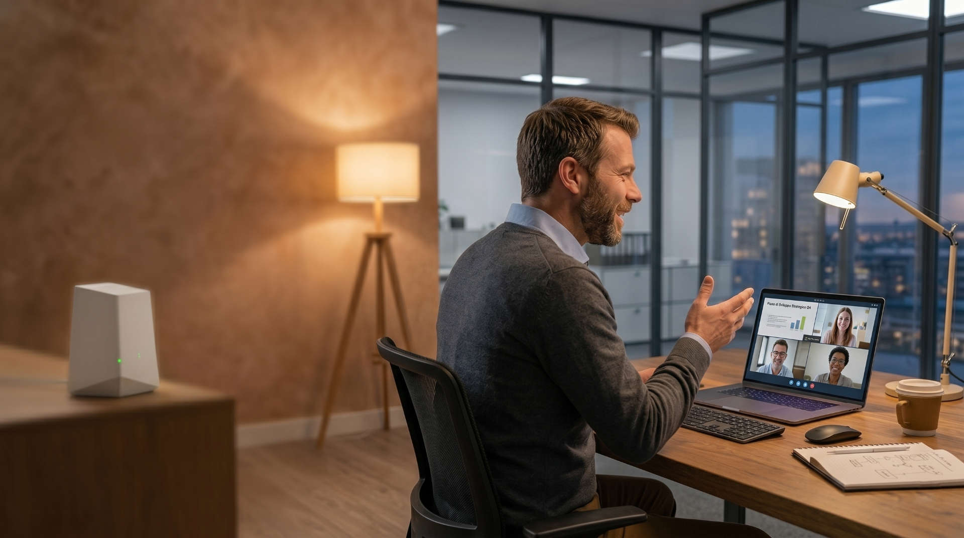 Uomo che parla nel suo ufficio in call con altri colleghi