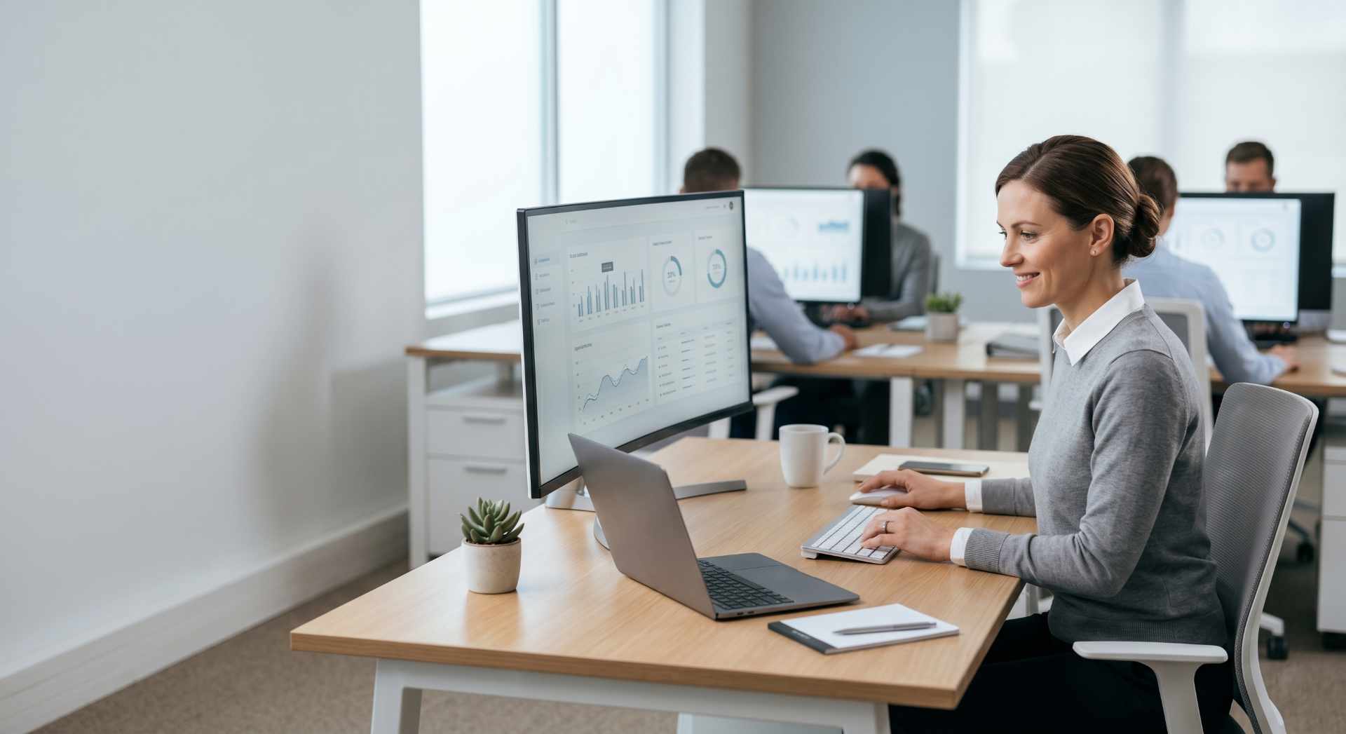 Offerta luce variabile small business: donna che sta lavorando felice in un ufficio.